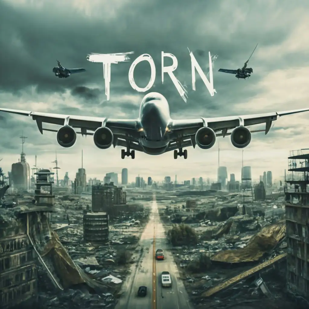 logo, A realistic high definition high quality high resolution very detailed destroyed and abandoned dystopian city landscape with a very realistic and incredibly detailed commercial Boeing 747 travel plane flying in the air, with the text "TORN", typography