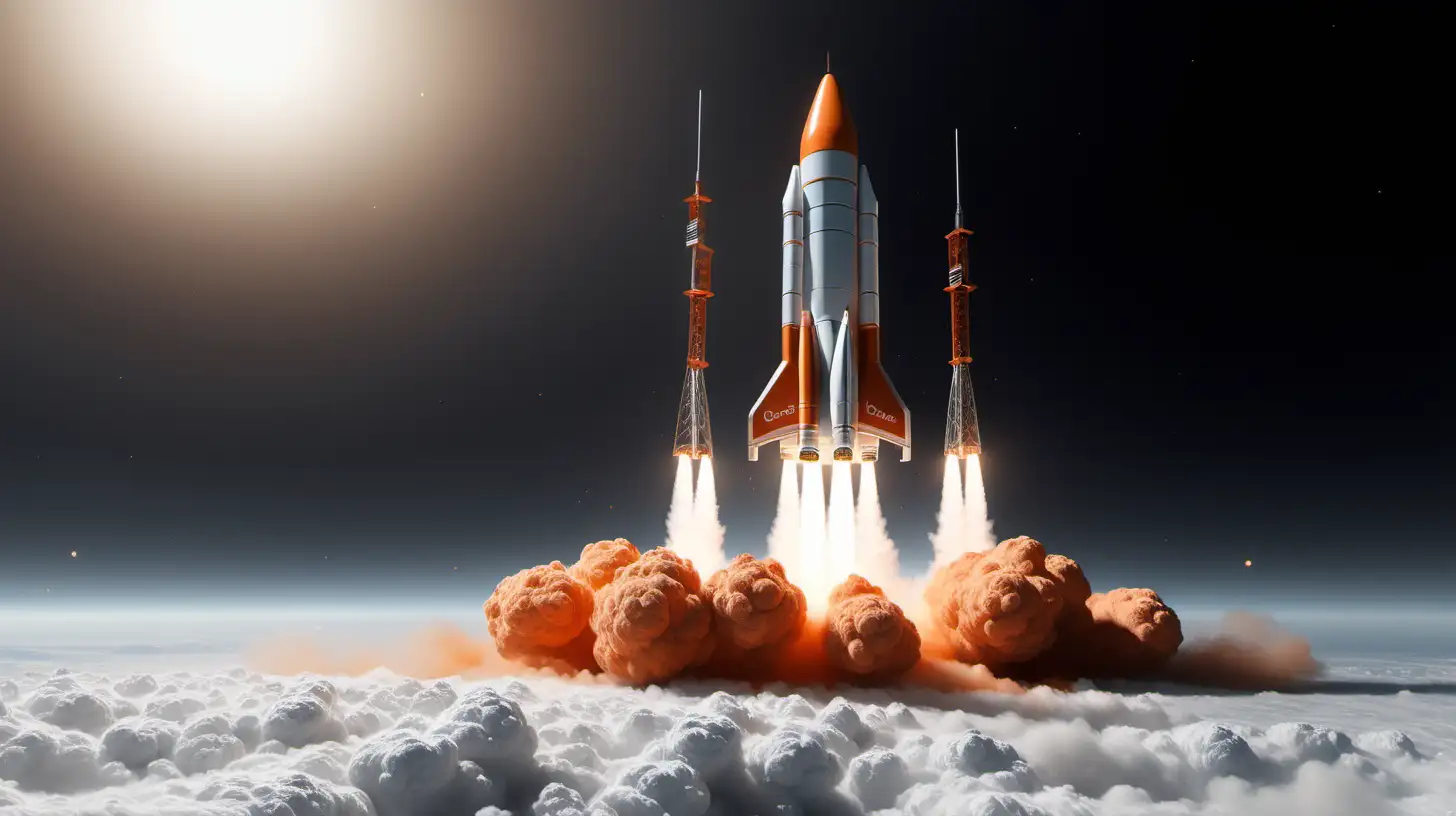 4k, a futuristic rocket flies from the ground into space, has white and orange colors, do not put any inscriptions or logos, white and orange smoke, a futuristic rocket flies from the ground into space, it has the colors of the Google logo and additionally a lot of orange, do not put any inscriptions or logos, white and orange smoke, only one rocket is visible in the photo