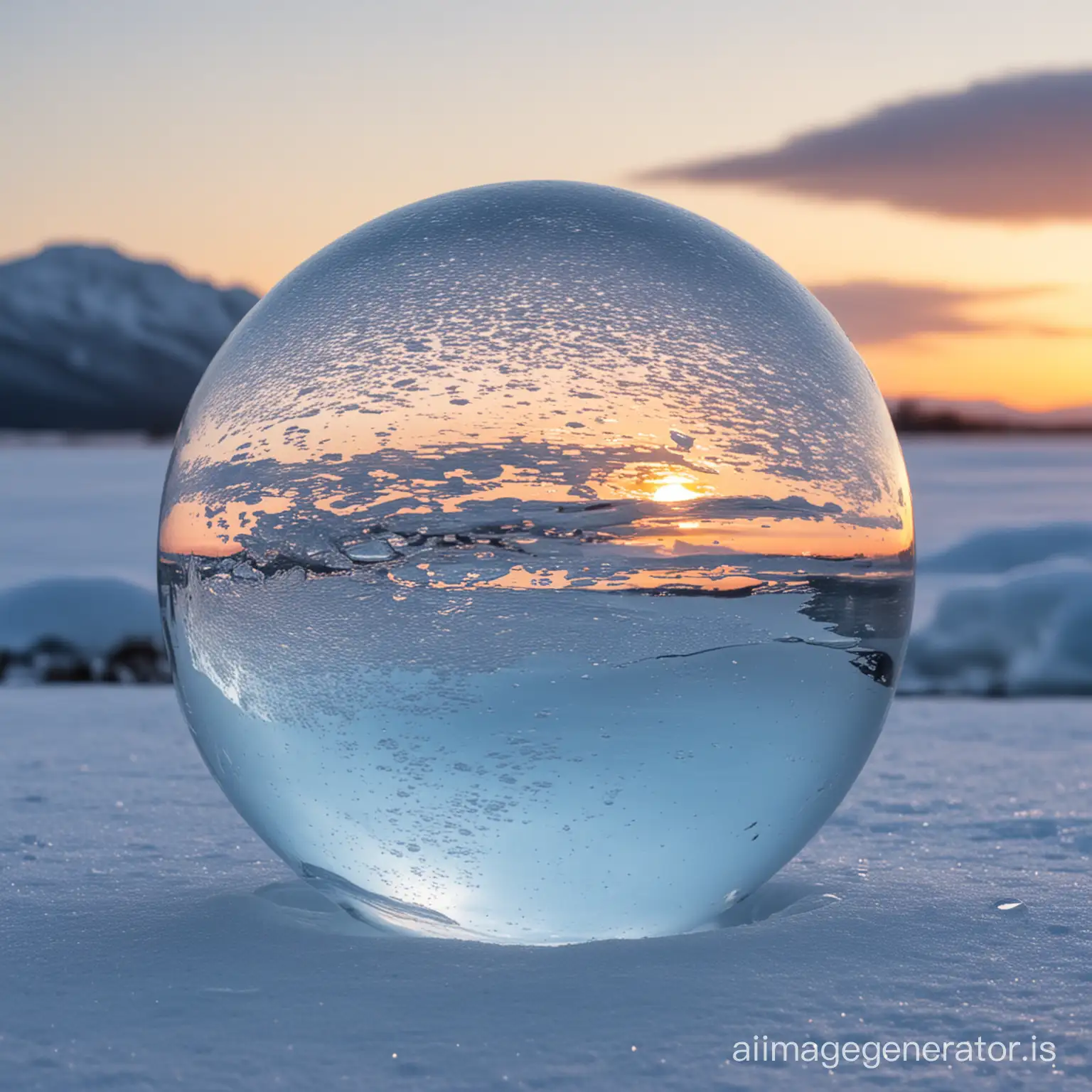 Glistening Ice Sphere Amidst a Winter Wonderland | AI Image Generator