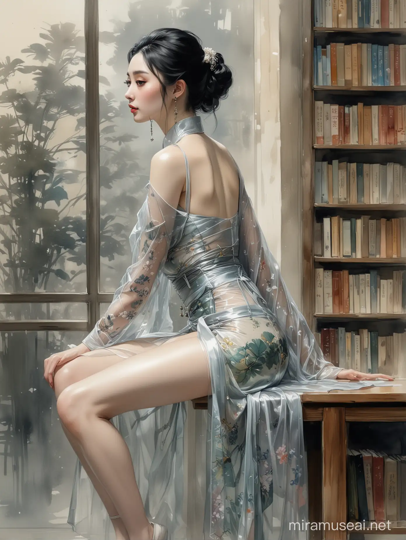 Alex Maleev's illustration depicting black-haired very pale alluring Fan Bingbing   wearing transparent plastic hanfu dress leaning back against a library shelf, smooth shiny thigh, watercolor, no makeup, no distortion, gray palette, insanely high detail, very high quality, seen from the side