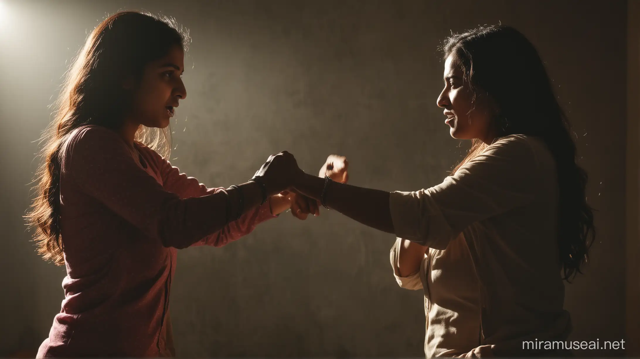 22 years indian old girl fight with her mother, backlight, dark room, 