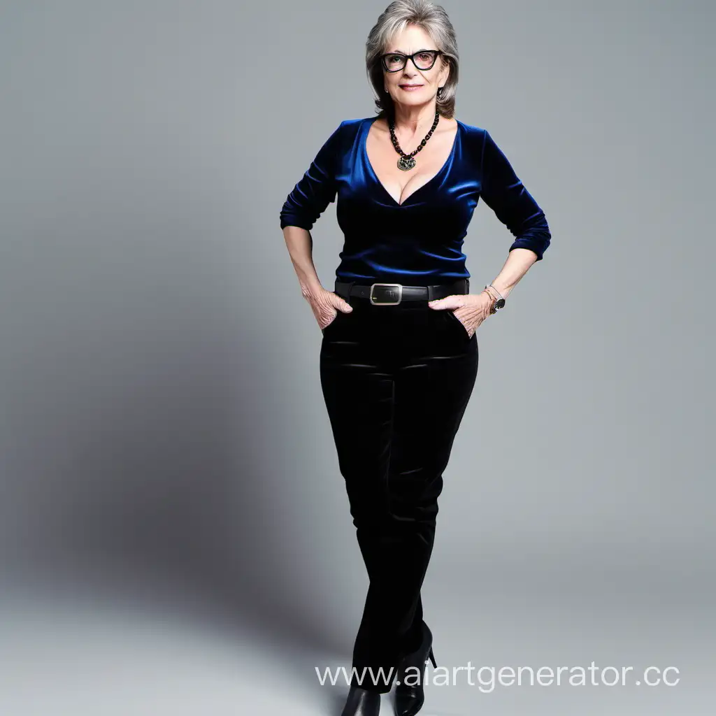 busty french gilf boss with glasses, wearing black velvet tight pants