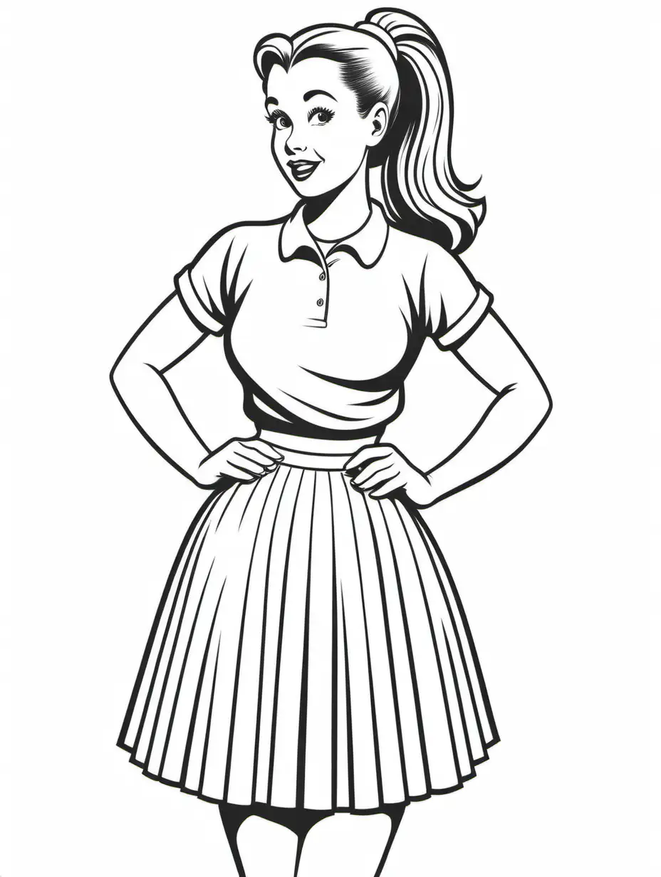 line work, coloring book page for adults, 1950's girl with ponytail wearing a skirt, black and white, white background, thick lines, no shading, vector file