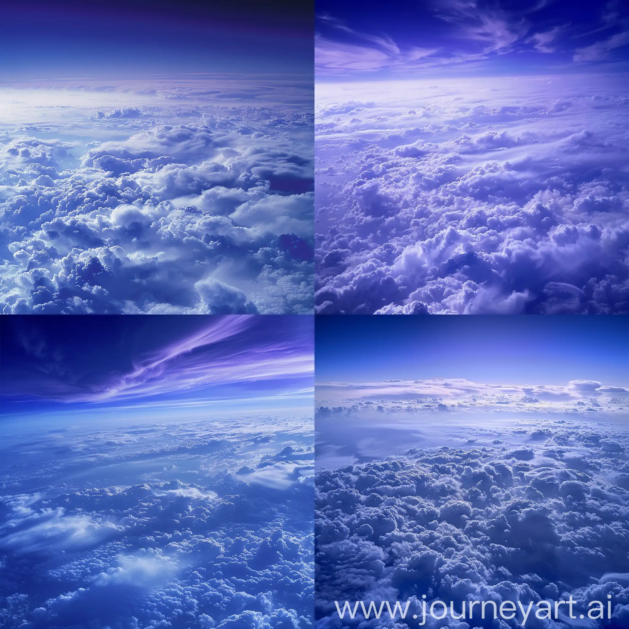 View from above. Deep blue sky with a purple tint. The upper clouds are thin white veils. Middle clouds are gray waves. The lower clouds are large blue cumulus clouds. Strong winds, rapidly changing clouds.