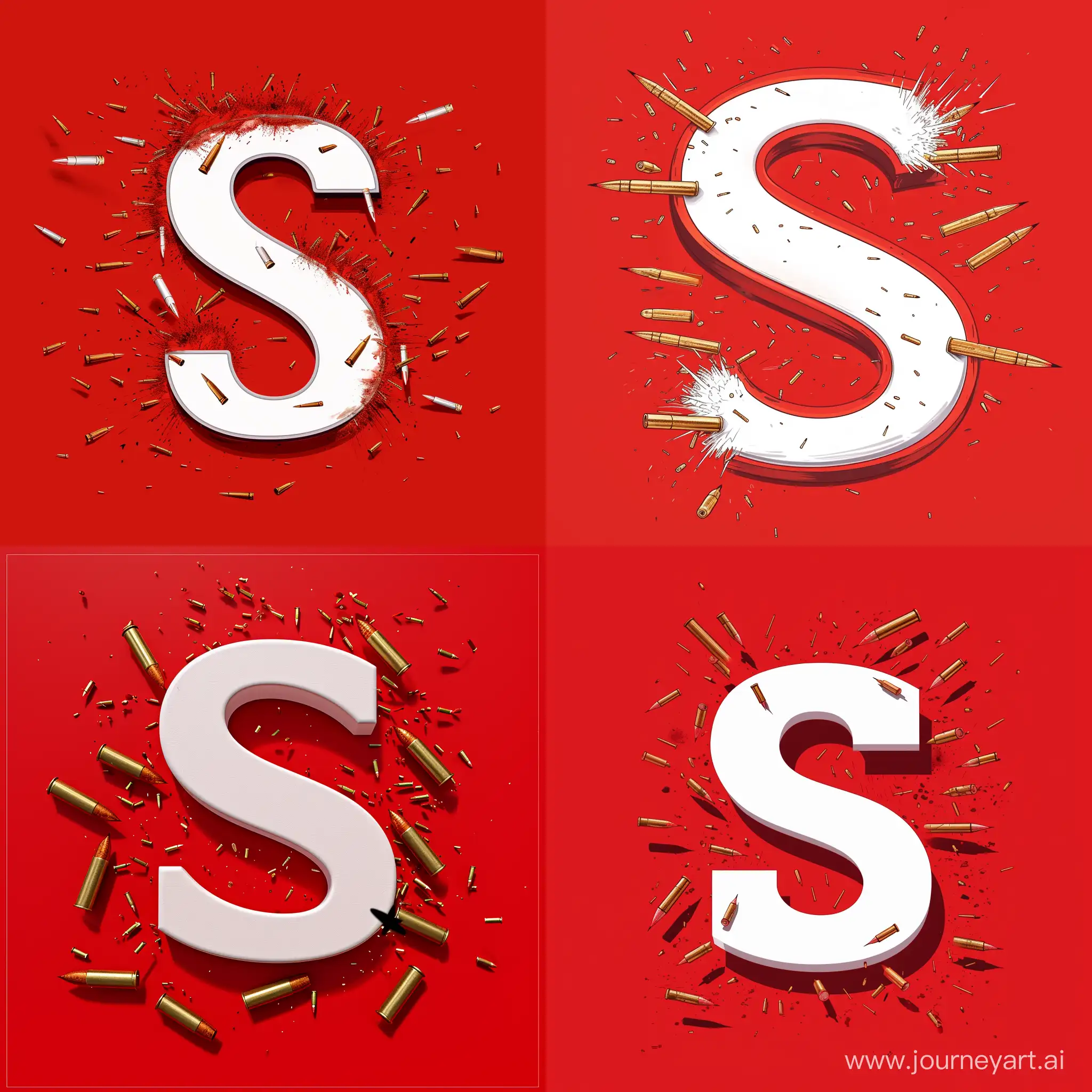 Красный фон буква S белая а вокруг война летящие пули врезающиеся в букву S 