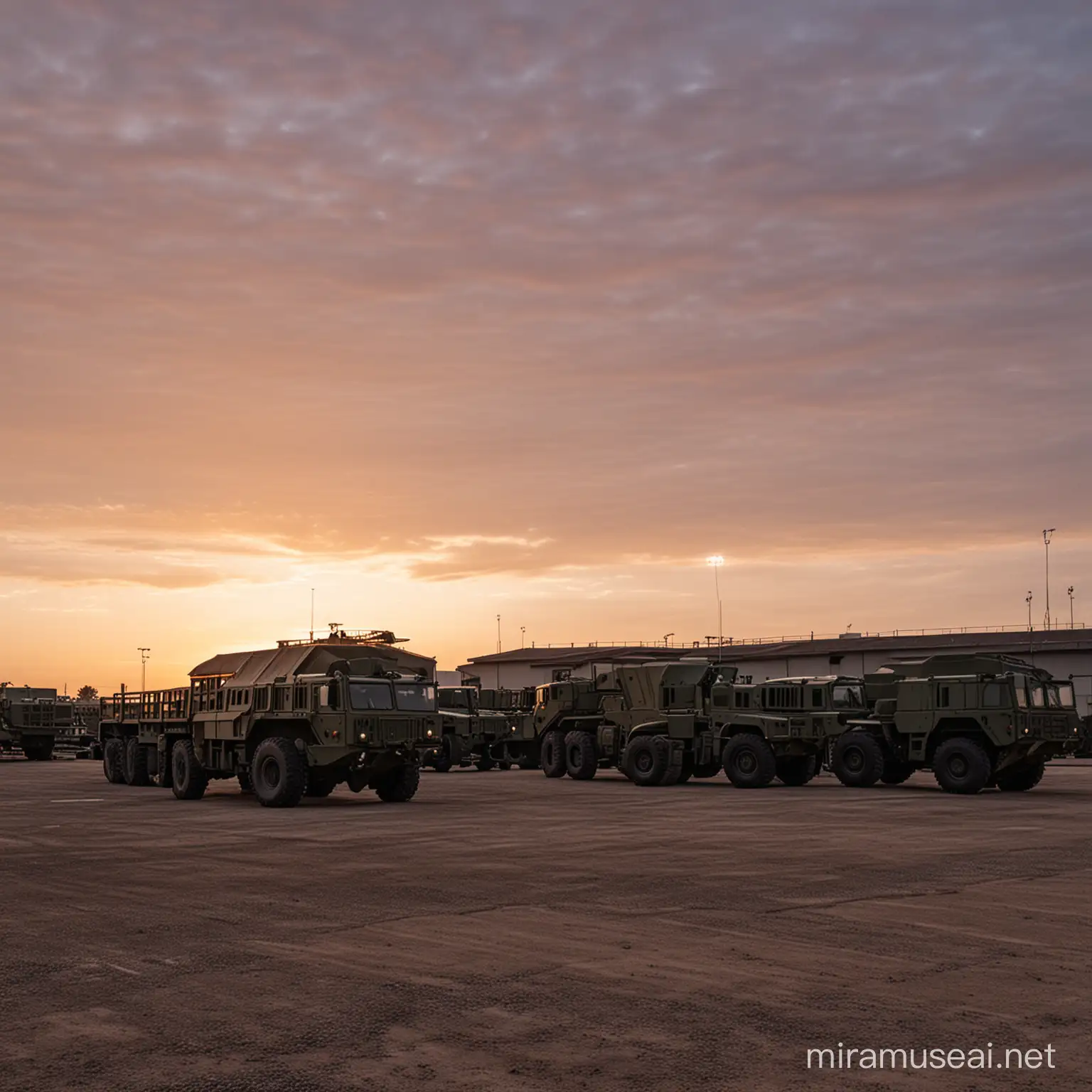 military equipment at a military base installation; dusk ambience.