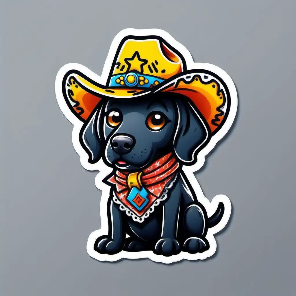 a cartoon character black labrador retriever dressed like cowgirl, vibrant color, line art, like a sticker, white background, in the style of keith haring