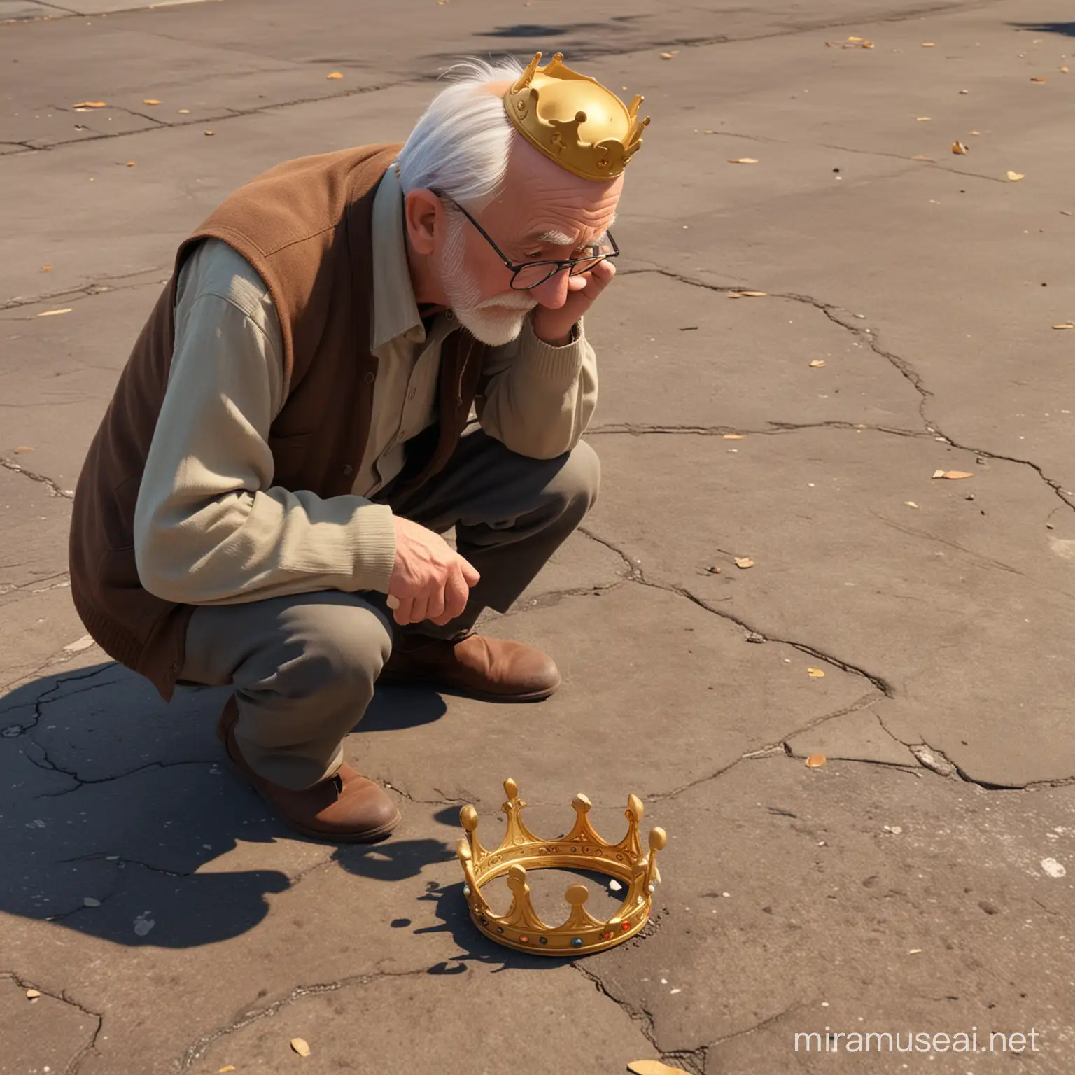 a old man  is looking at a crown  on the ground,disney pixar style