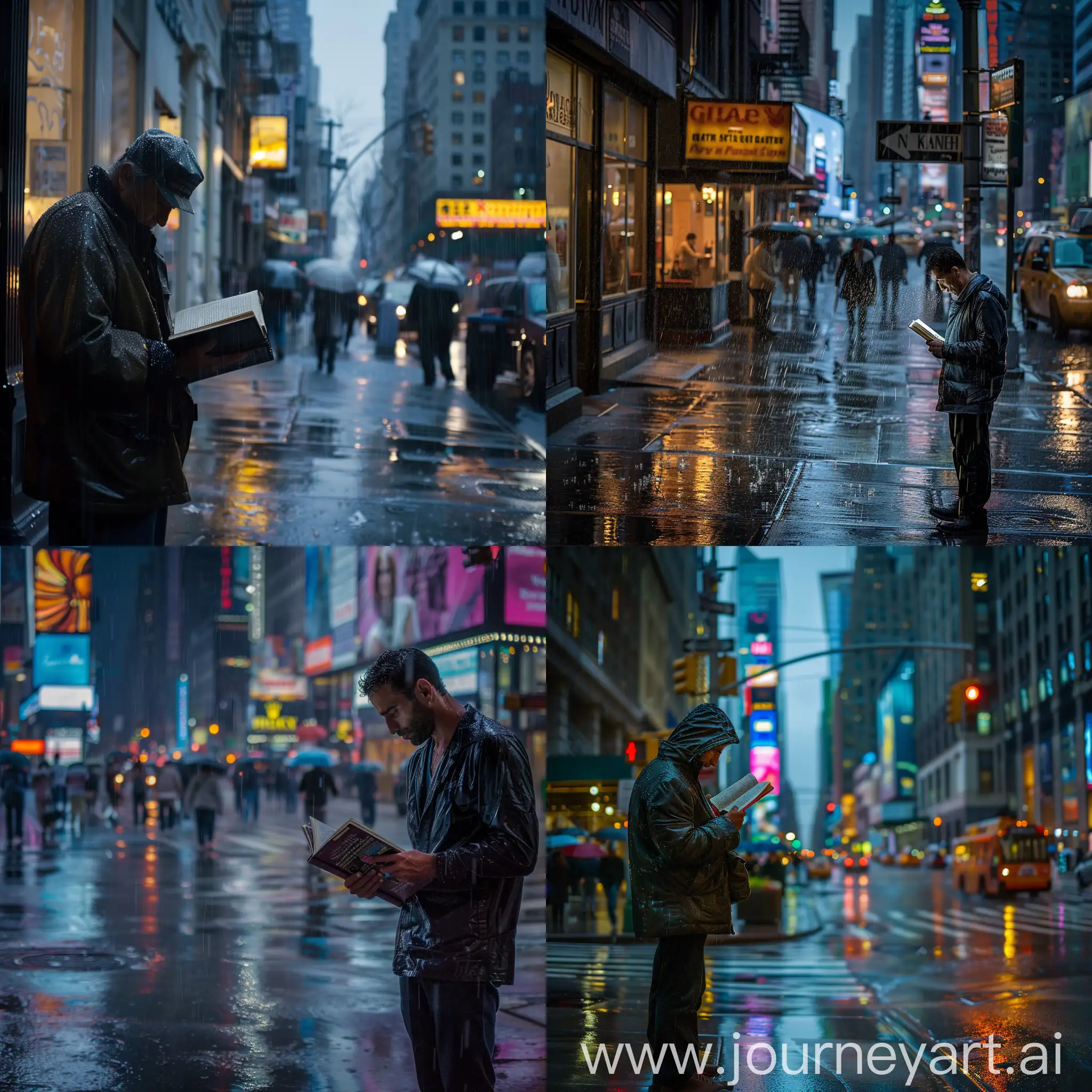 A man reading a book in the rain on the streets of Nyu York