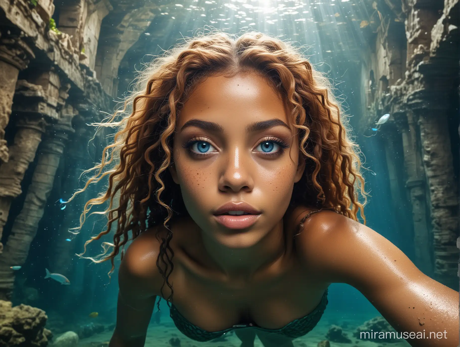 Mermaid with Blue Eyes Swimming in Ancient Atlantis Ruins