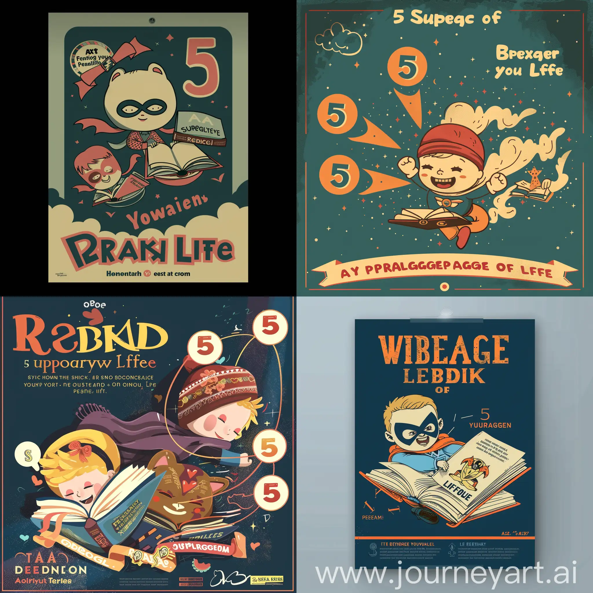 Design an A4 poster of 5 benefits of reading. 
The poster must be attractive for teeangers and I would like the 5 benefits to each be depicted as a superpower to supercharge your life
