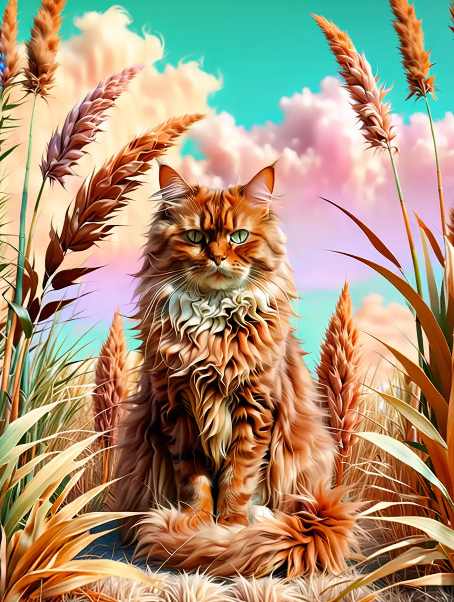 Surreal Brown Fluffy Cat Among Pastel Pampas Whimsical Feline in Dreamy Landscape