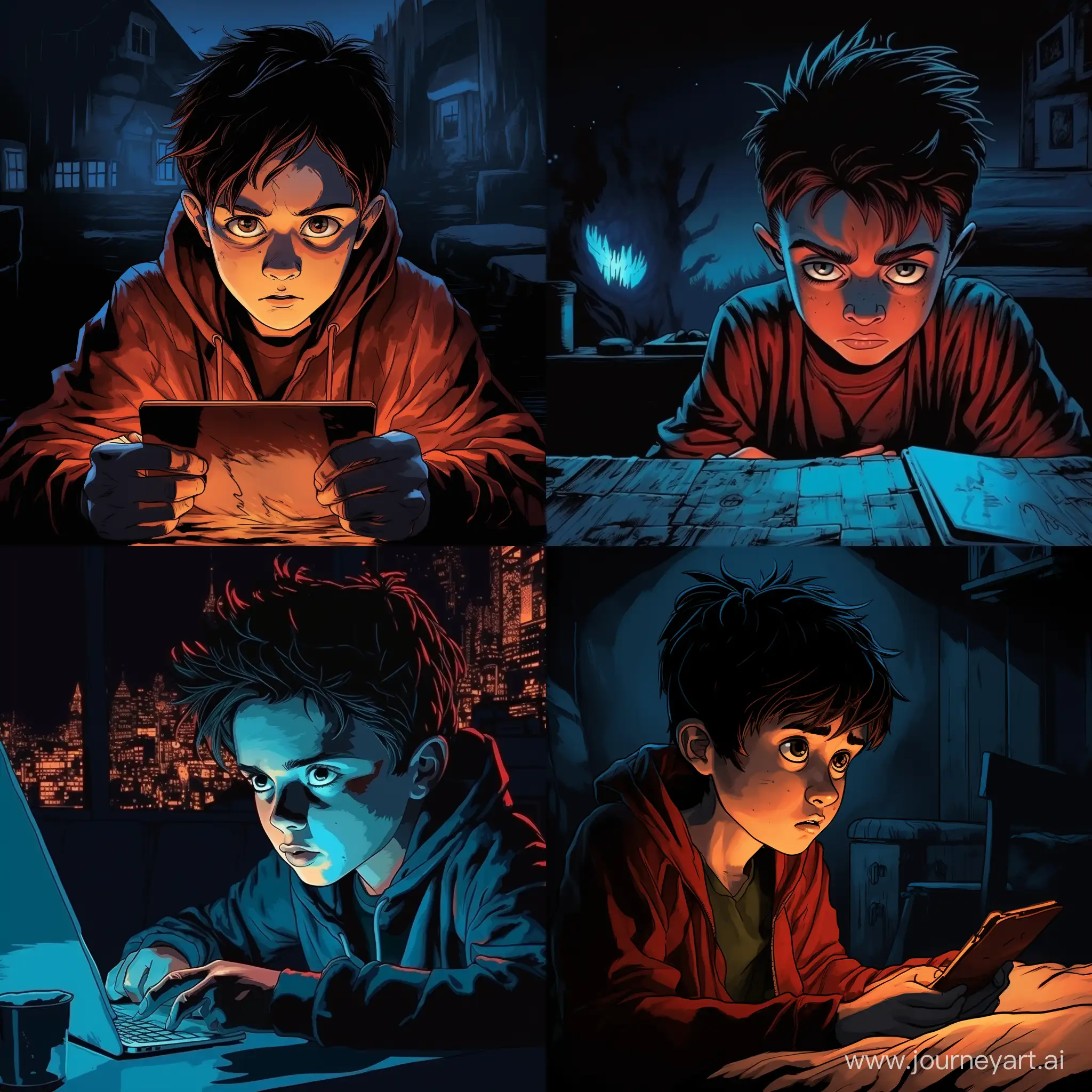 ребенок с красными глазами ночью смотрит в планшет в стиле комикса