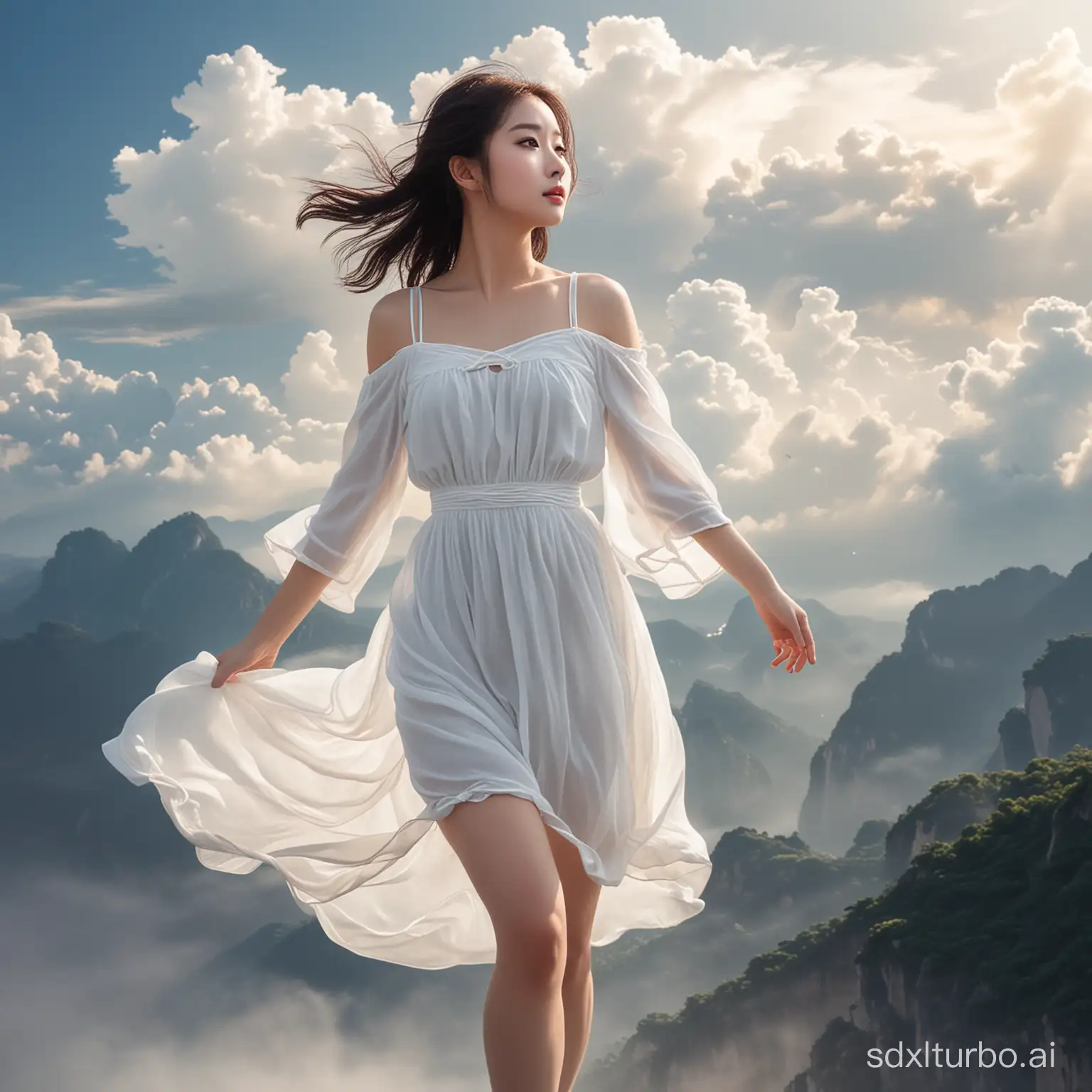 中国女孩穿着白色的裙，遨游在天空