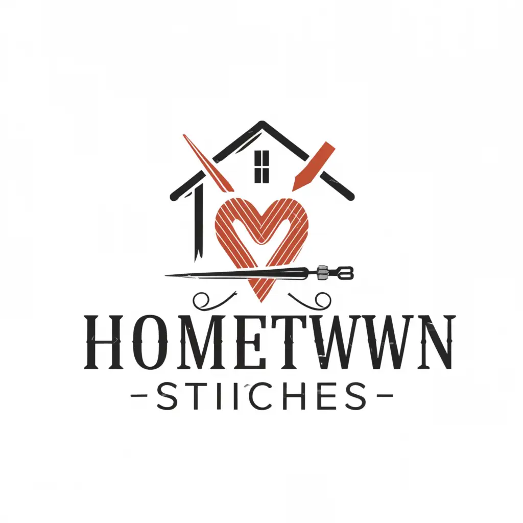 a logo design,with the text "Hometown stitches", main symbol:A stylized needle and thread forming the outline of a quaint house or a heart, symbolizing the connection between hometown pride and craftsmanship.,Moderate,clear background