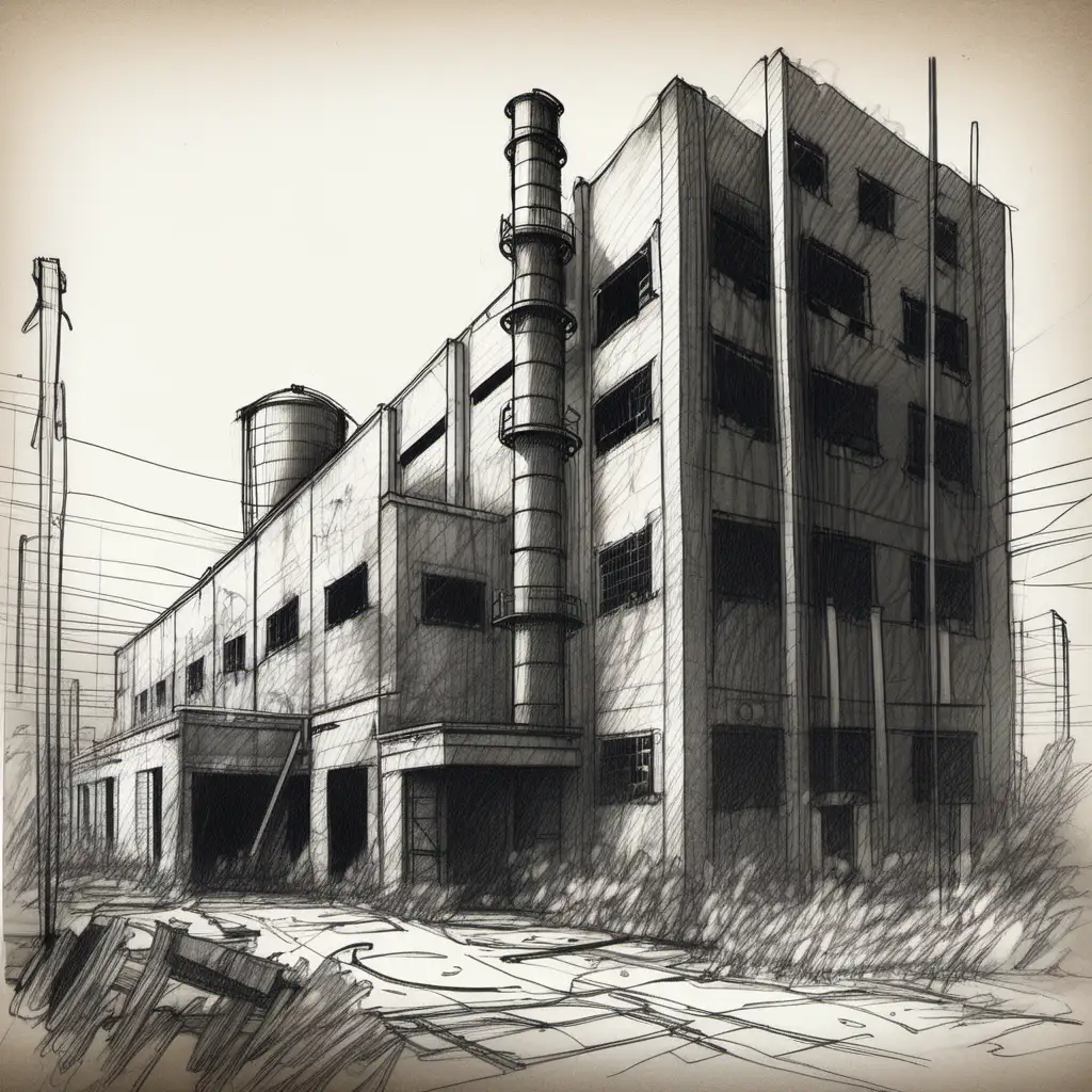 Eerie Abandoned Factory Sketch Urban Decay and Industrial Remnants