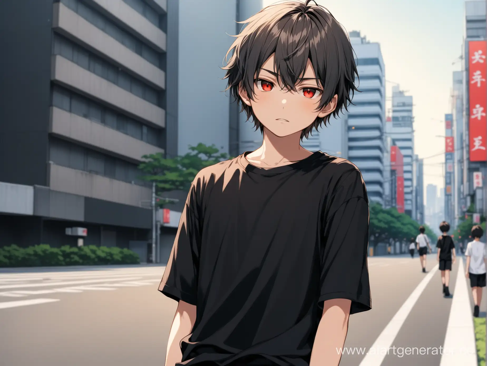 A boy with ashen hair and red eyes is 14 years old. He prefers a black short-sleeved shirt.against the background of modern Tokyo, medium-length hair