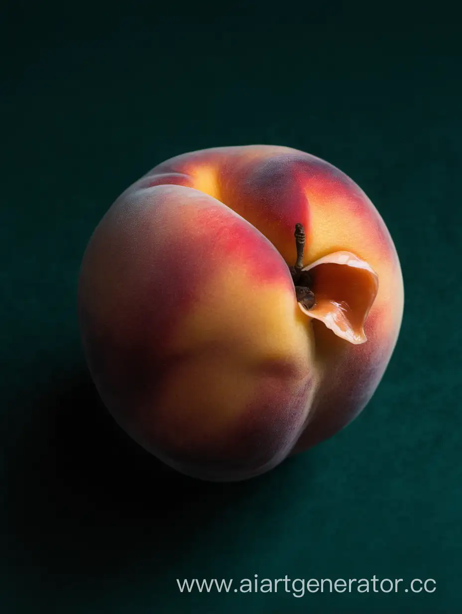 close up of peach with DARK sea green background 