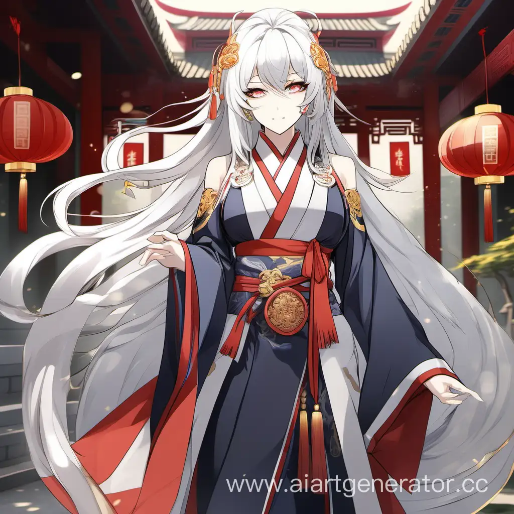 Аниме  богатая женщина китая одетая в официальное одежду древнего китая с длинными белыми волосами и огромной грудью в стиле Геншин Импакт