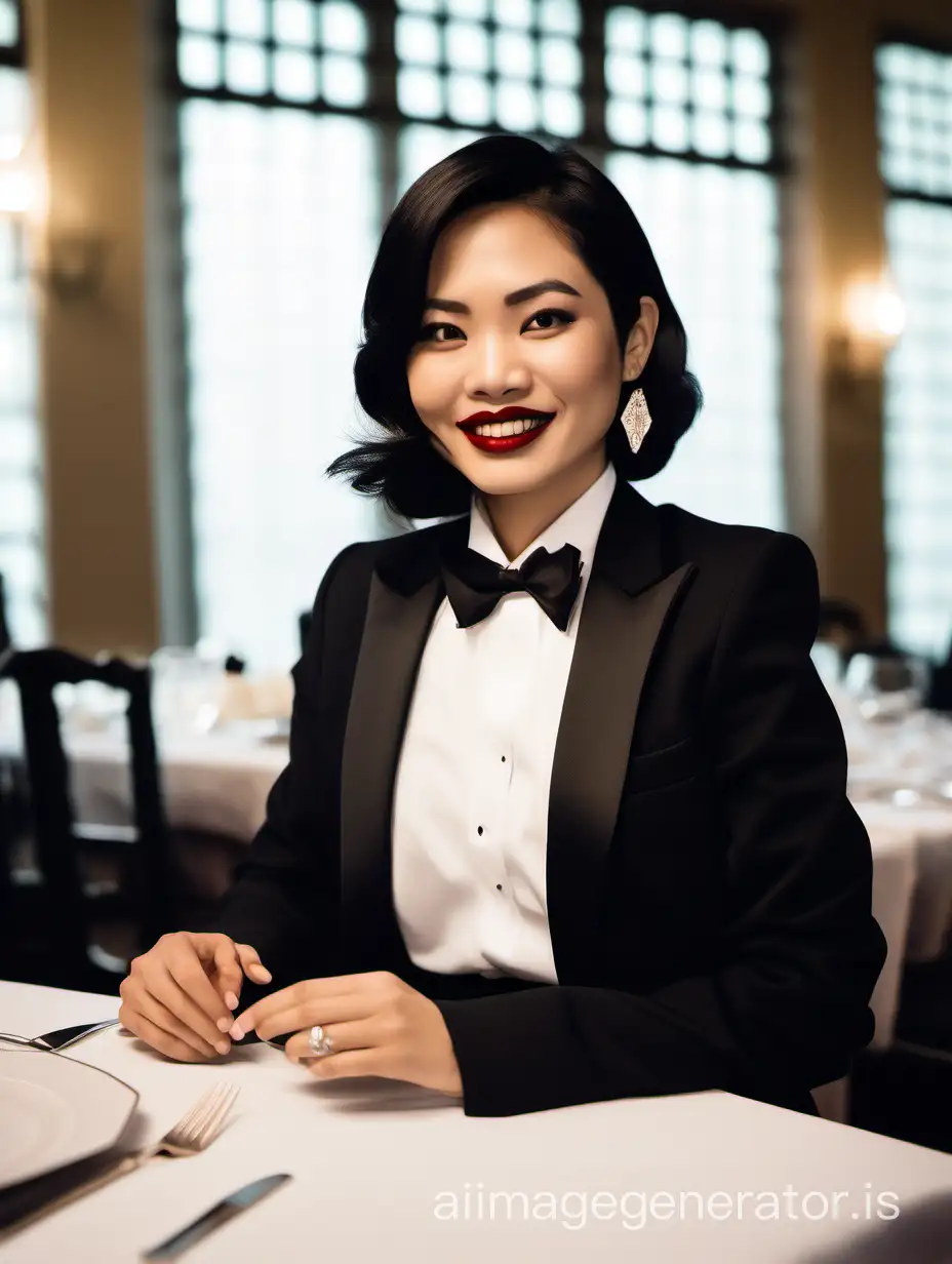 A 30 year old Vietnamese woman with shoulder length hair and lipstick wearing a black tuxedo jacket and a white shirt and a black bow tie and large cufflinks is sitting at a dinner table.  She is smiling.  She has black hair and is wearing lipstick.