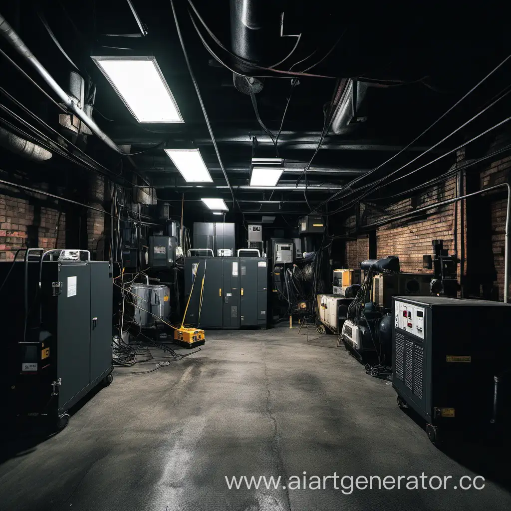 an dark industrial basement with a bunch of equipment and a generator