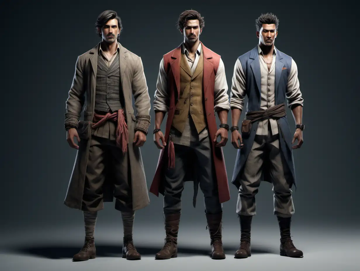 Generate an image of 3 male characters standing side by side. Each character should display their own distinct style, marked by resilience and a life of resourcefulness. Their attire should include visible wear and tear, frayed fabrics, and stitched repairs, highlighting their adaptability. Keep the background minimal, ensuring the focus remains on the detailed depiction of each character's unique attire and expressive demeanor.
