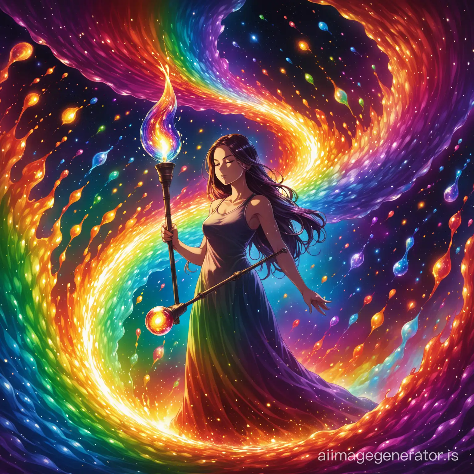 dark rainbow melting female at her torch glassblowing with cosmic background