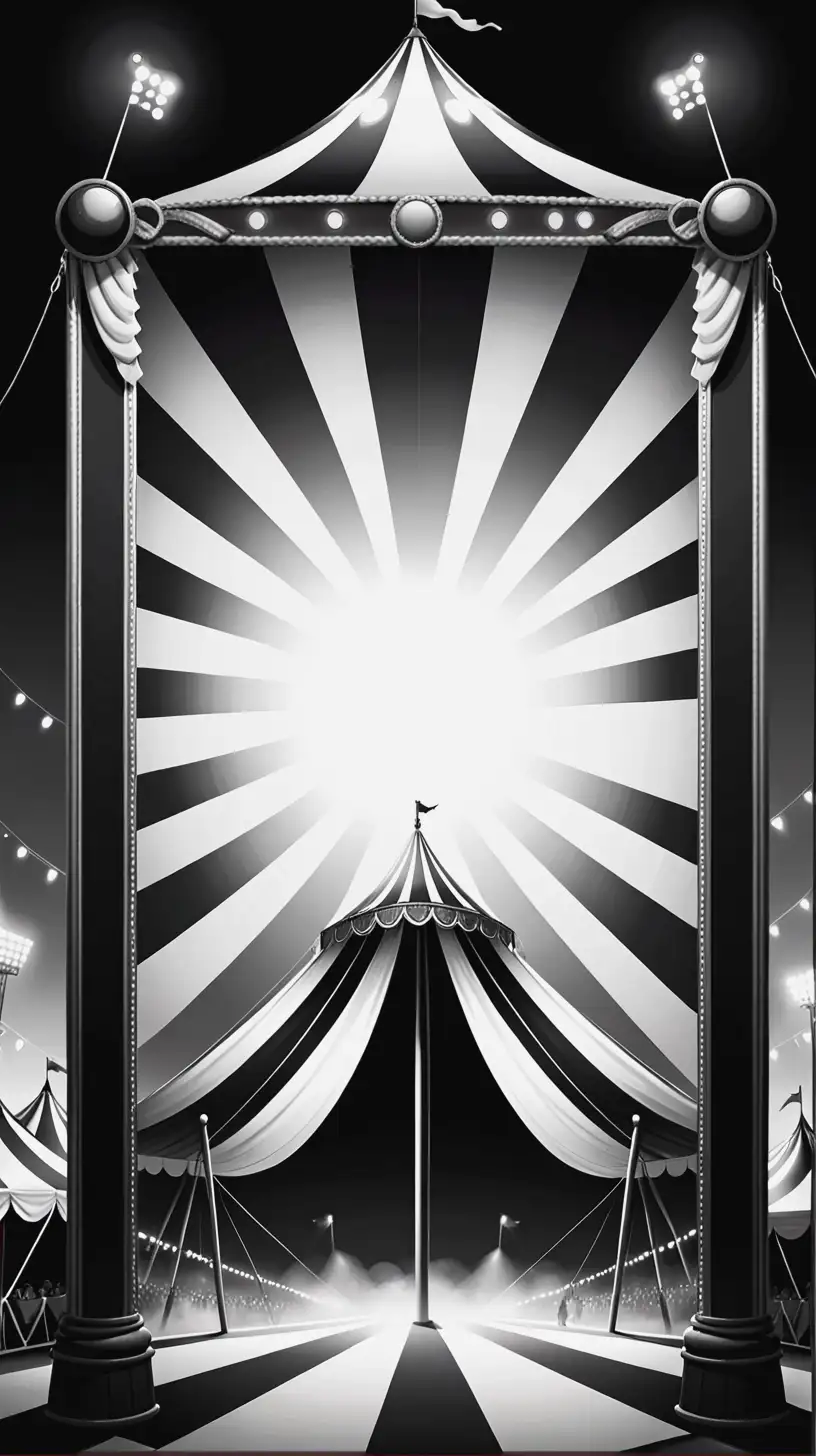 Create an illustrated frame of a circus in black and white 