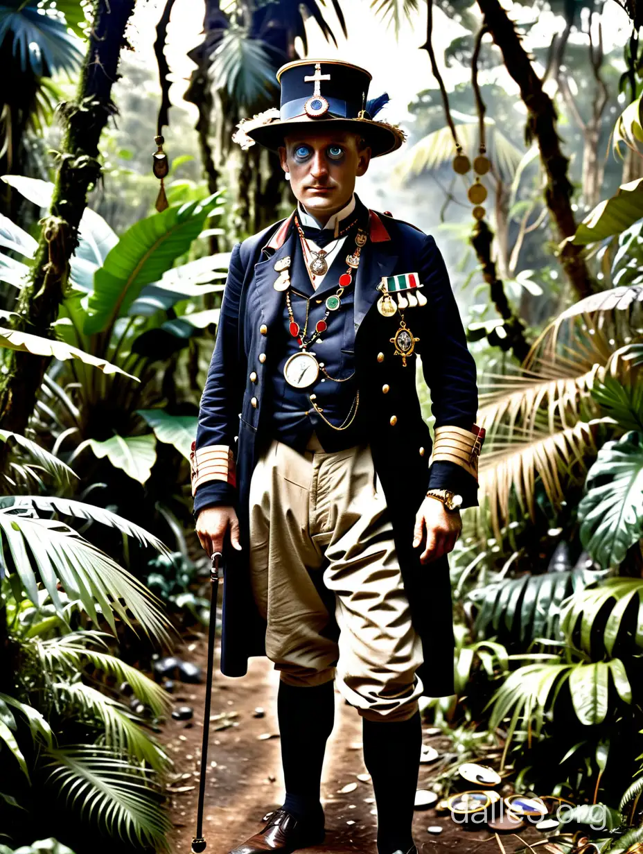 A full body aristocratic British explorer wearing a monocle in his eye, a colonial hat and several military medals in the 1920s, in the middle of the jungle, wearing a Vatican necklace around her neck.