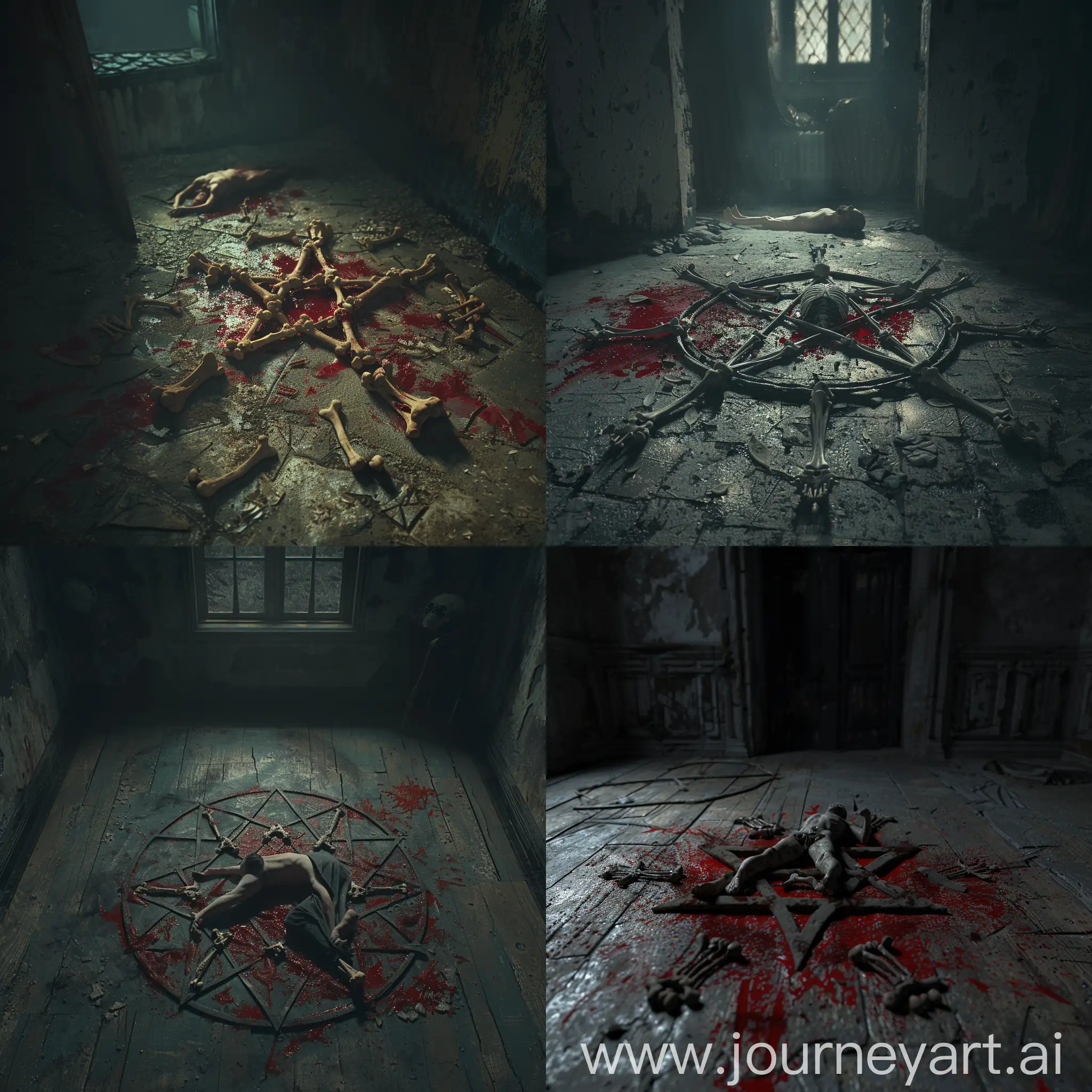 old room, darkness, in the center of the frame a pentagram of bones and red paint on the floor, in the center of the pentagram lies a thin man, fetal pose, gloomy atmosphere, hyper-realism, 8K image quality, ultra detail