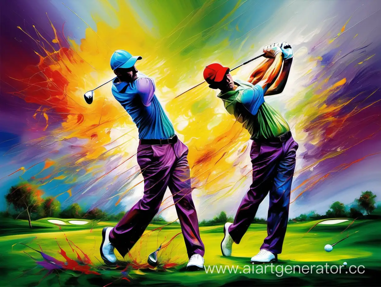 Artistic oil painting with many unique messy colors, 30 year old man, tall and strong figure holding a golf club swinging a golf club on a tee, and the tee is on the grass, painting Strongly depicts the beauty of a man's golf swing, with streaks of red, blue, yellow, green and purple,...