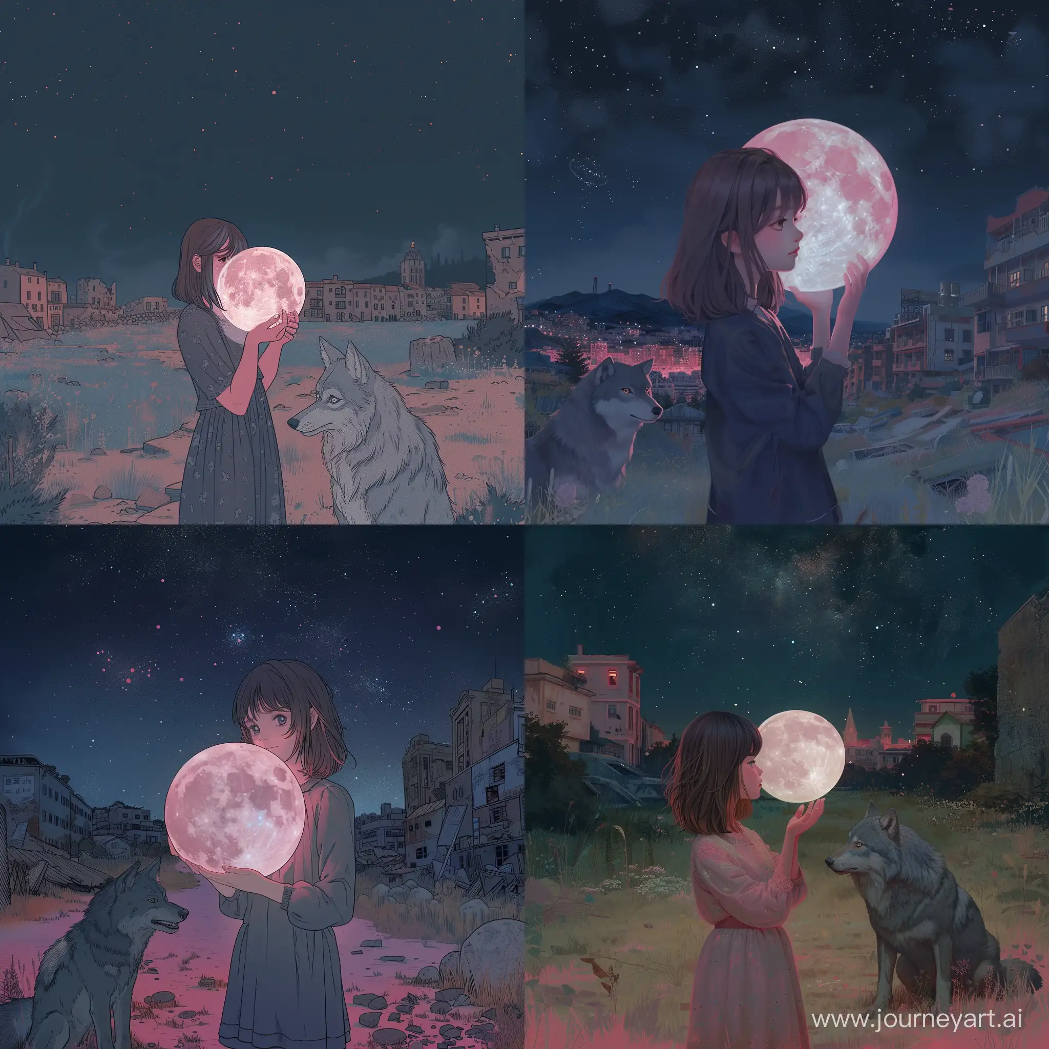 On a starry night, a city rises in the distance. To the right, urban decay and desolation reign, casting a shadow of neglect and ruin. To the left, vibrant and beautiful architecture stands proudly, a beacon of health and vitality, As the night descends, a young girl with shoulder-length brown hair stands with poise, cradling the moon in her delicate hands. She gazes at it serenely, a pale pink glow radiating softly from the milky white orb. At her side, a gray wolf looks up at the moon with wonder. The entire scene is bathed in a tranquil and enchanting soft pink hue, casting a calm and beautiful atmosphere over the surroundings. The dark sky looms above, while the field below is adorned with the gentle, pale pink light of the moon, creating a truly magical night --q 4