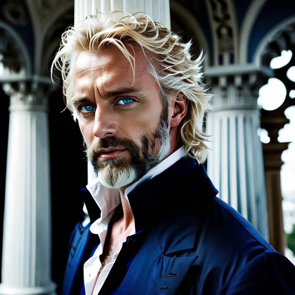 king, shaggy blonde hair, graying, mid fourties, handsome, small beard, dark blue clothes, royalty, dark blue eyes, pale skin, white palace, sexy, strong, regal, well kempt.
