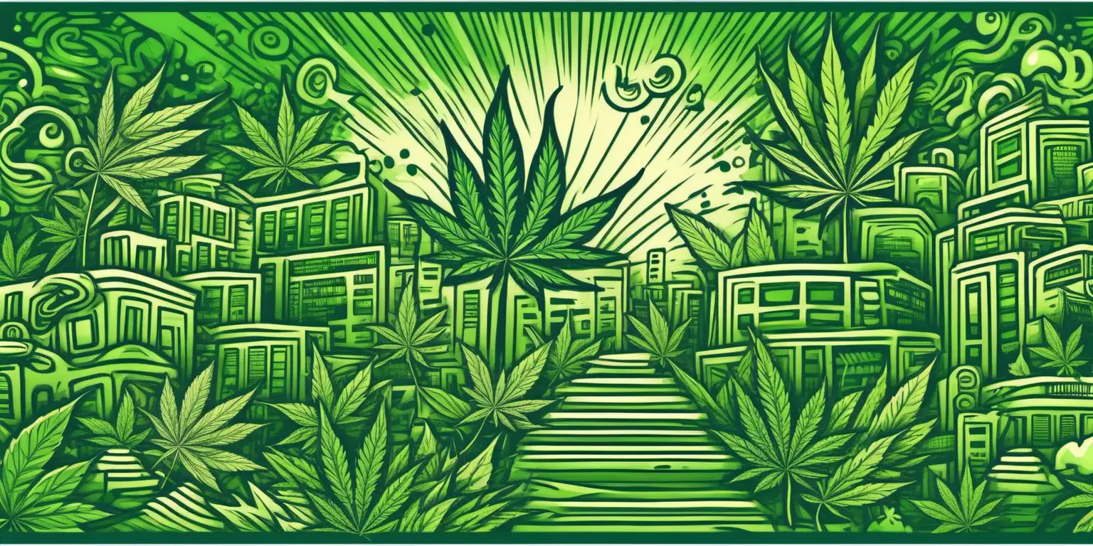 webpage background design featuring cannabis-culture.  Doodle-art style. Vivid, high contrast