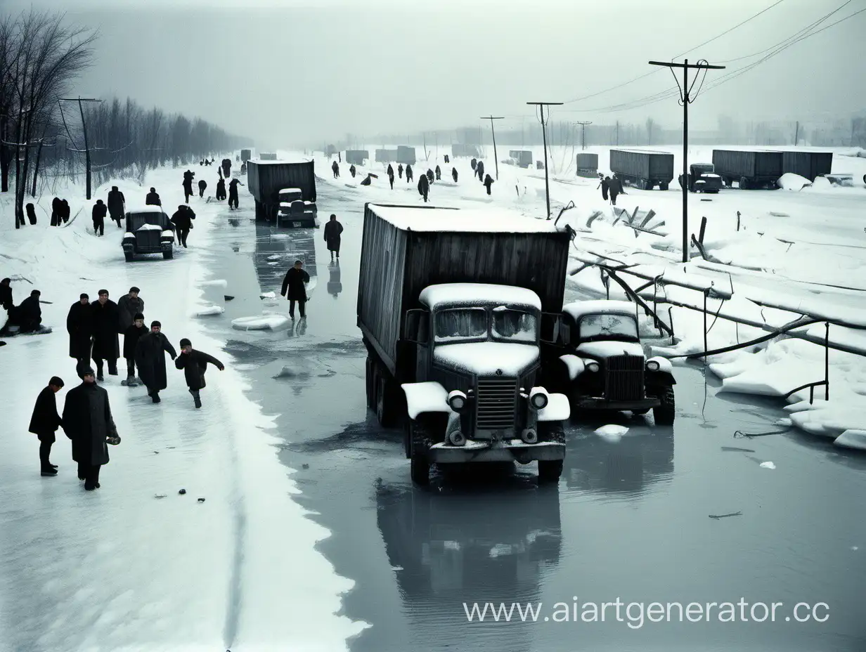 Дорога жизни, грузовики тонут под льдом с людьми, умирают дети, трагедия, СССР, блокада Ленинграда, надежда на выживание, скорбь,