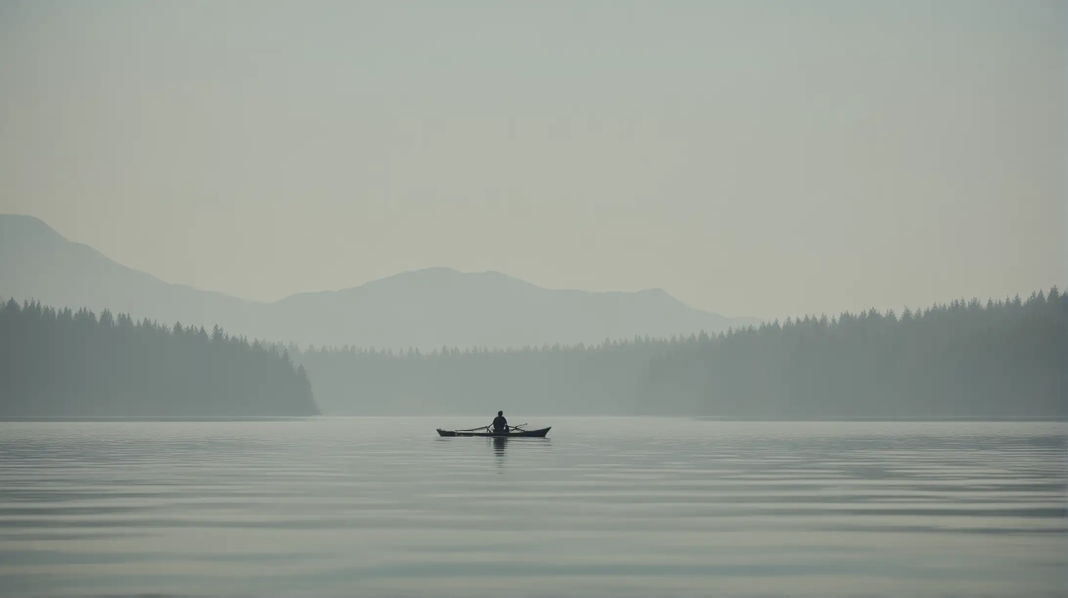 A lone man in a one boat sailing on an empty calm lake