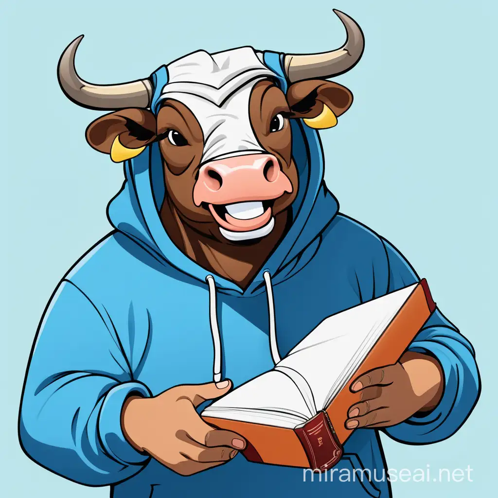 Cheerful Bull in Blue Hoodie Holding a Book