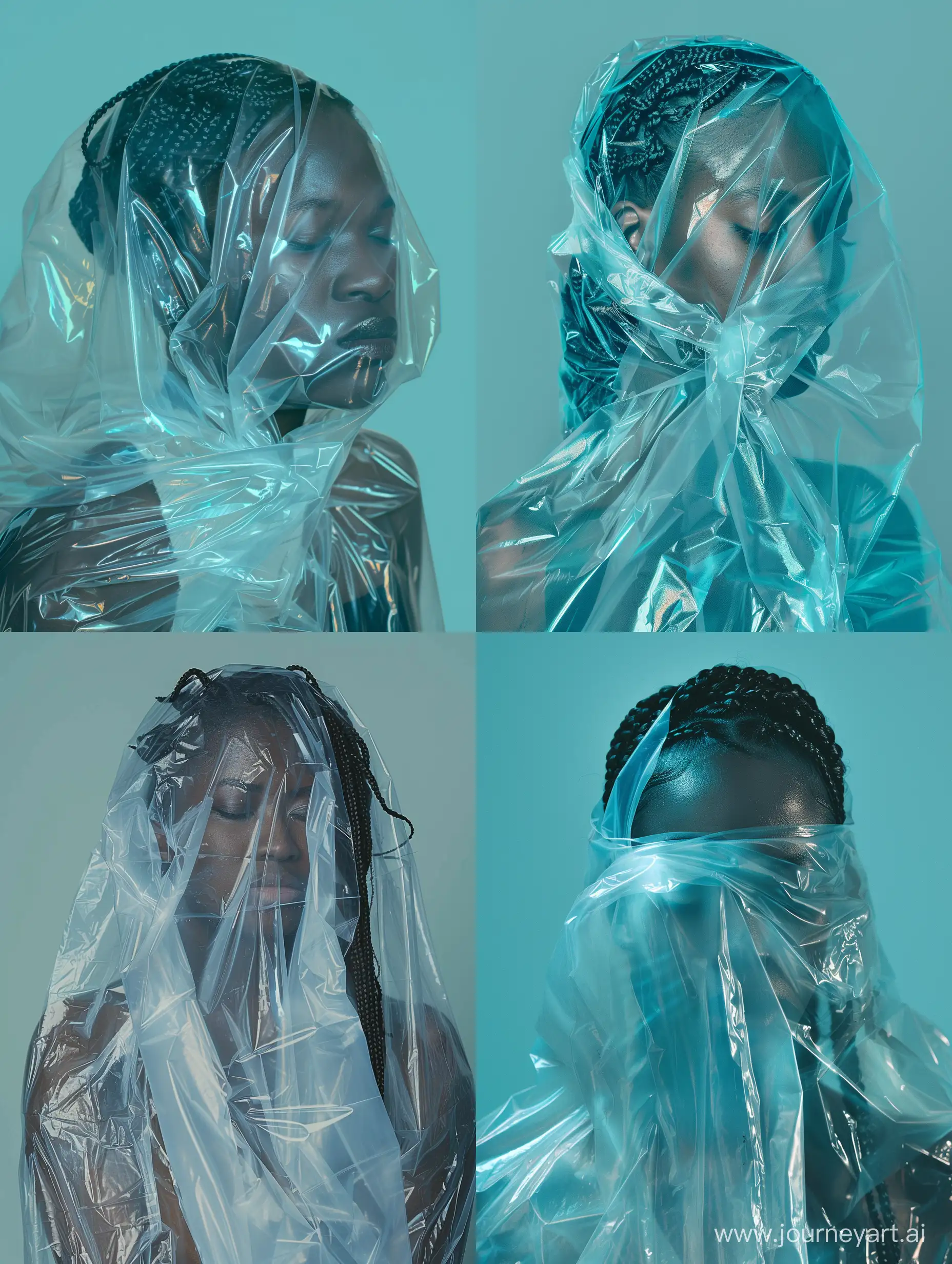 African woman covered in a clear draped plastic bag. Her front  is facing the camera with her eyes closed  and she has braided hair. The background is cyan in color.