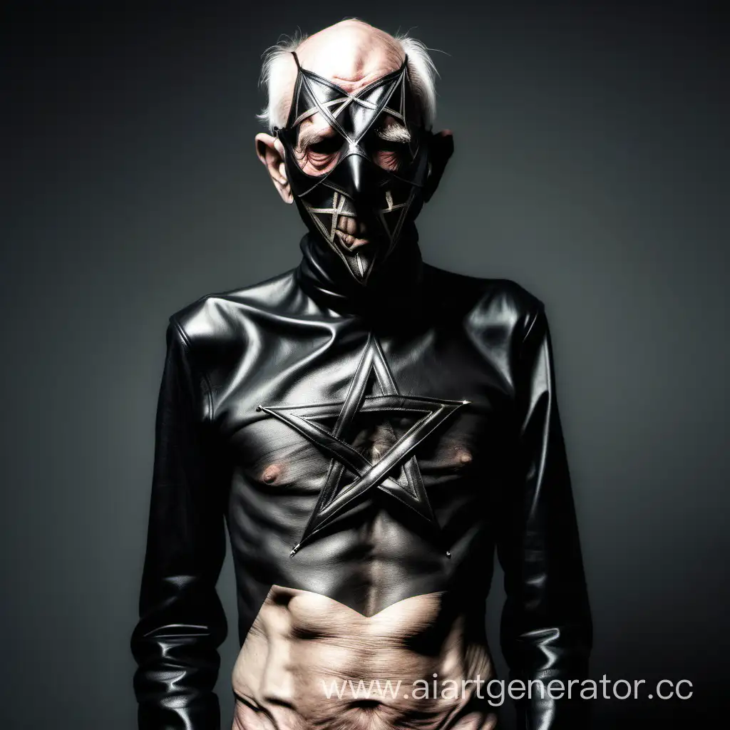 Skinny-Elderly-Man-in-Leather-Mask-with-Pentagram-Emblem
