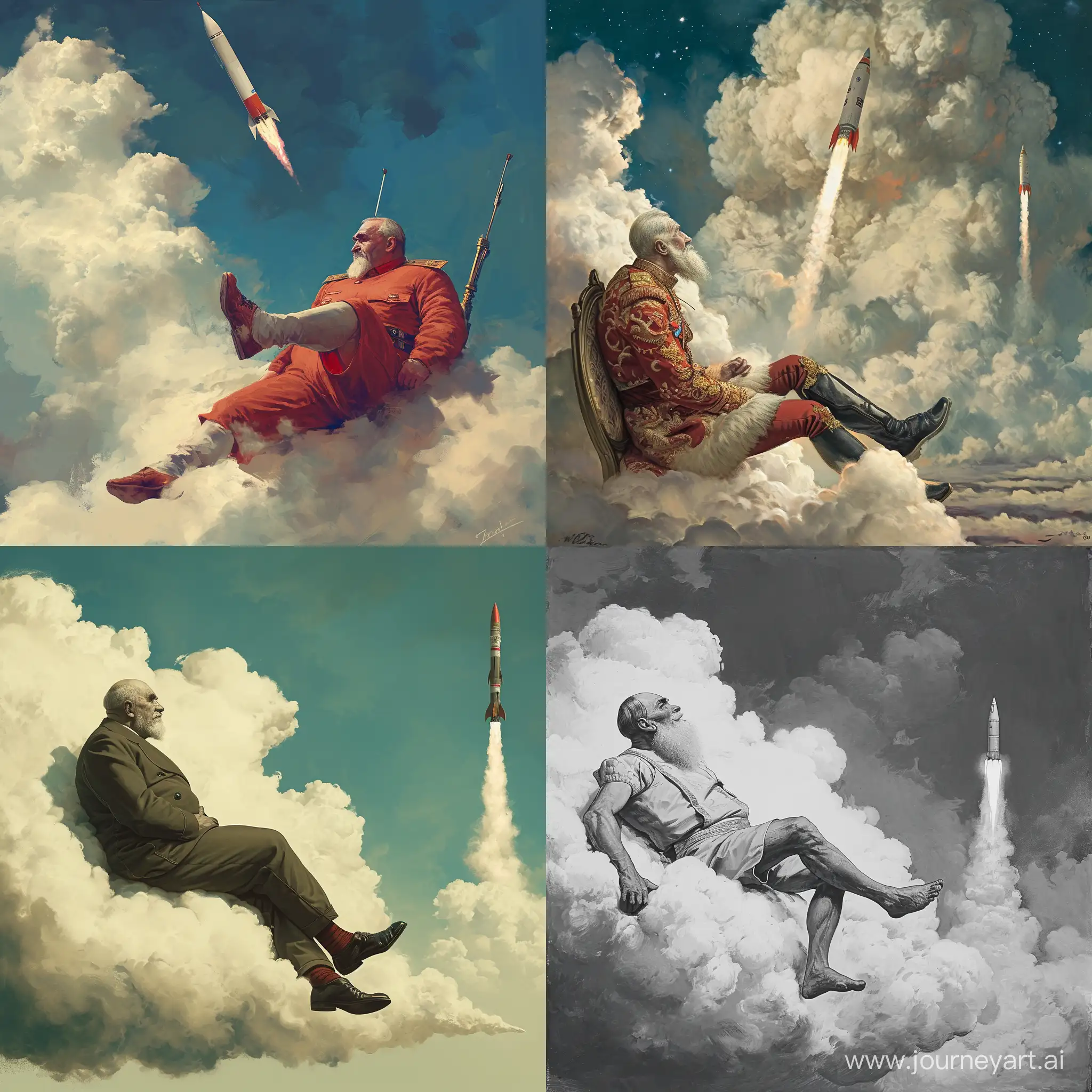 Vladimir Zhirinovsky sits on a cloud with his legs dangling and looks at a passing rocket