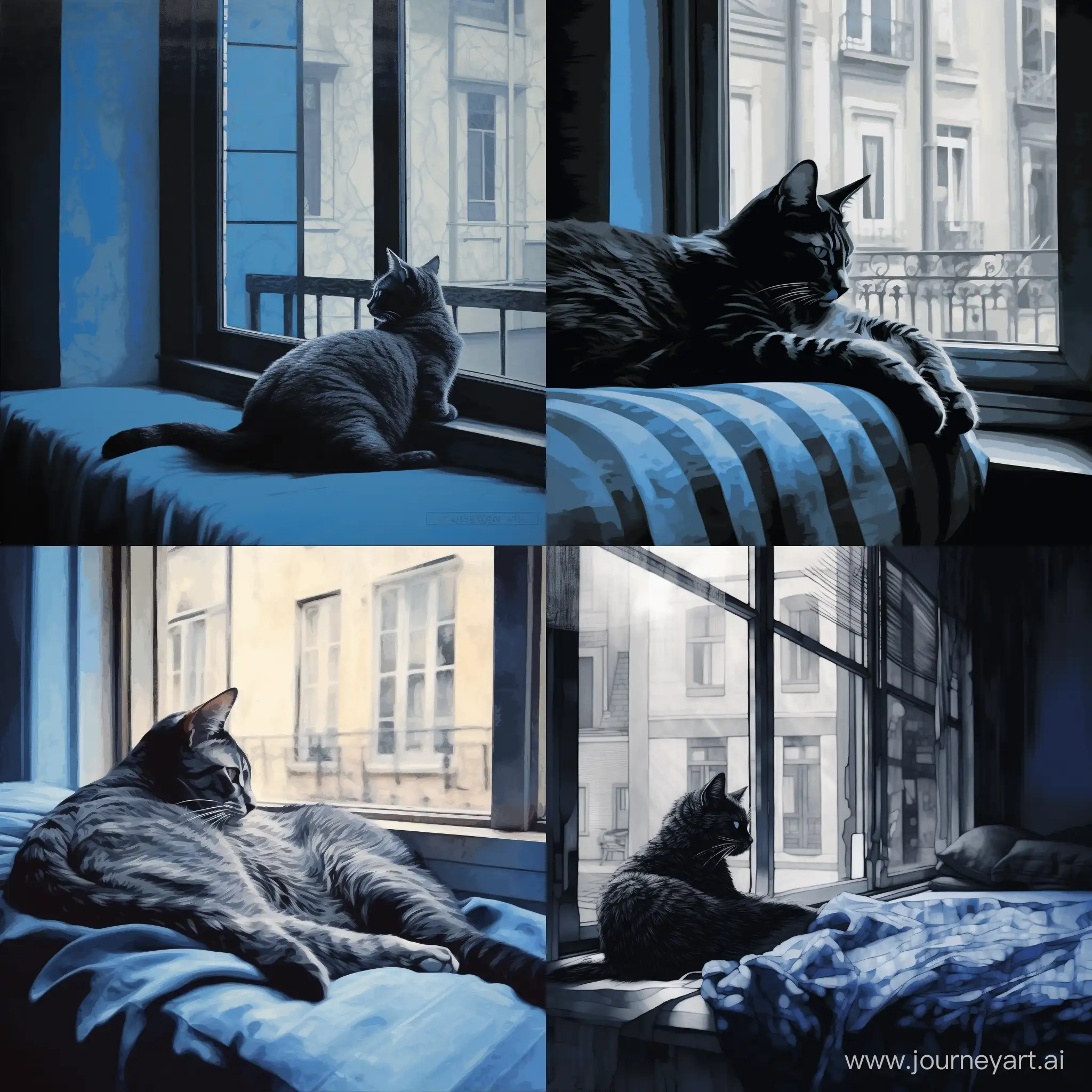 Рисунок минимализм, голубая кошка с черными узорами лениво разлеглась на фоне окна, мягкий свет проникает через окна отбрасывая блики на кошку