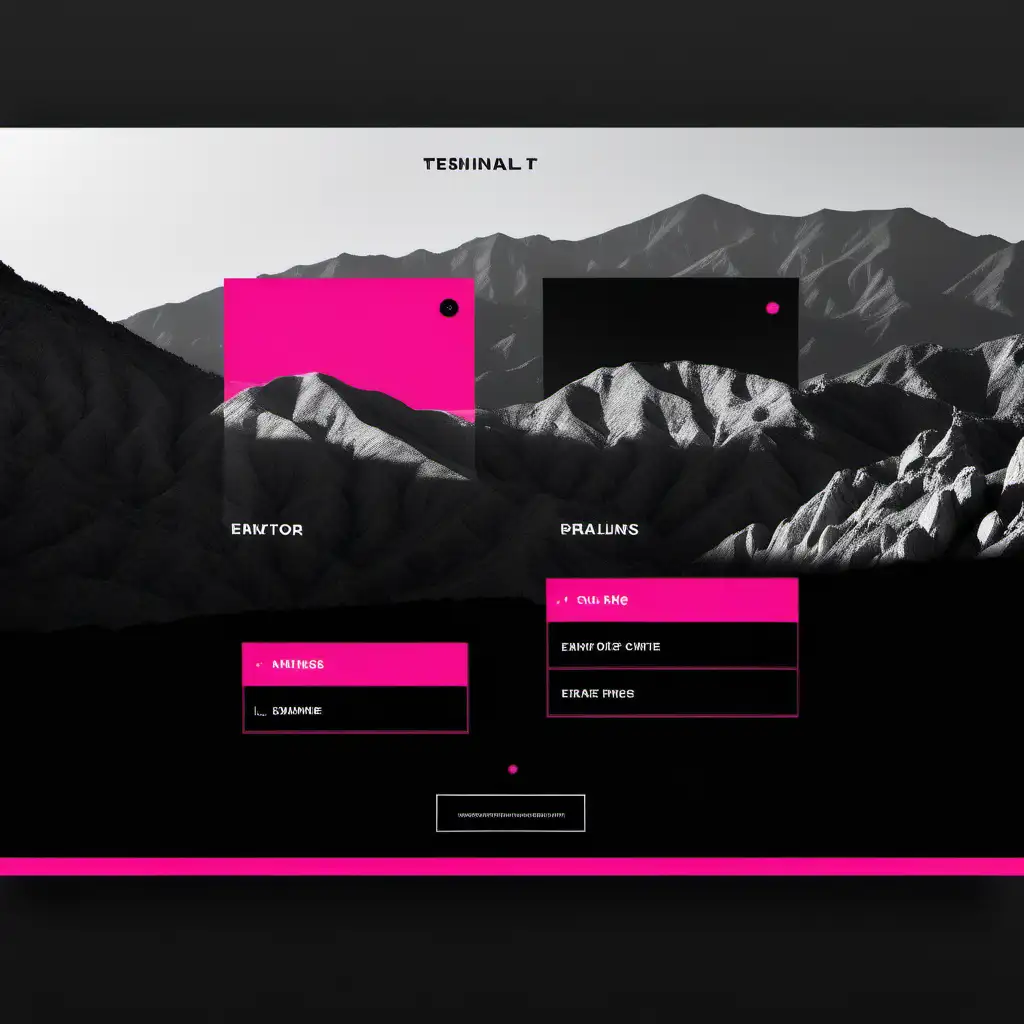 A minimalist black and white website, with simple UI, navigation, menus, text, digital, vector, black and white, high contrast –ar 16:9. Home Button, contact button, book button, research button, testimonal button, product button, Energy enhancement system button, use the Palm Springs mountains in the photos. Please use hot pink magenta button for book now. Please make this website sexy, minimalistic, high fashion