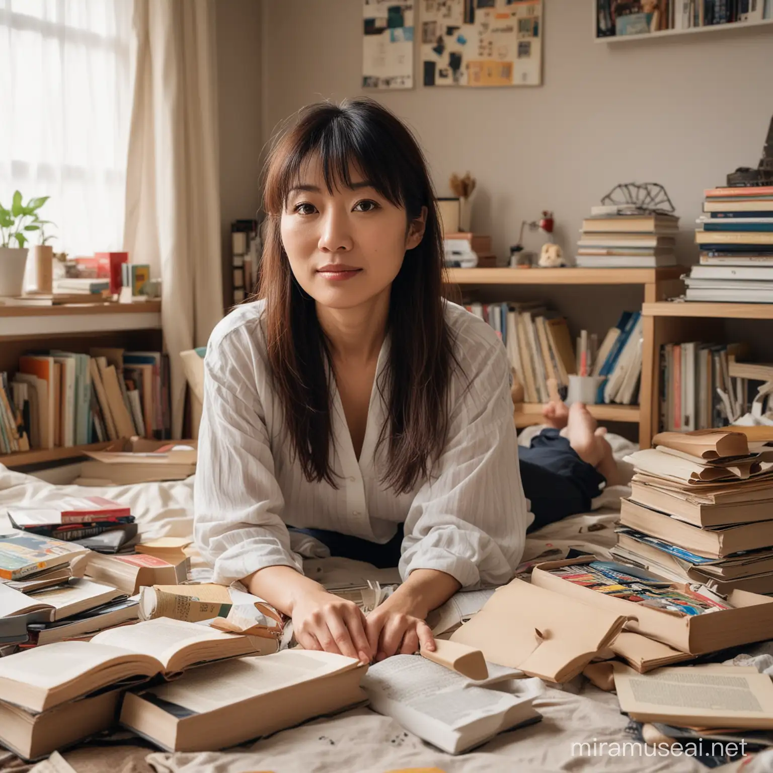 Messy Bedroom Scene Japanese Woman in Forties Amidst Books and Objects