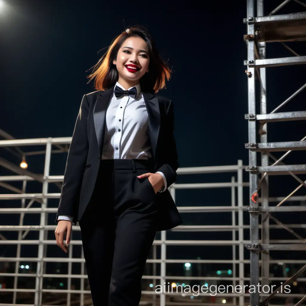 It is night. A stunning and cute and sophisticated and confident Malaysian woman with shoulder-length hair and lipstick is walking toward the edge of a scaffold. She is wearing a black tuxedo with a black jacket. Her pants are black. Her shirt is white. Her bow tie is black. Her shirt buttons are black and shiny. Her cufflinks are black. She is smiling and laughing. She is relaxed. Her jacket is open.