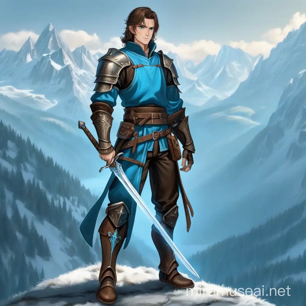 human male, dark brown leather armor, wielding a longsword, his hair is short and dark blue, his eyes are aqua, he wears a long shirt this is light blue, and his pants and boots are black, he is in the Alps.