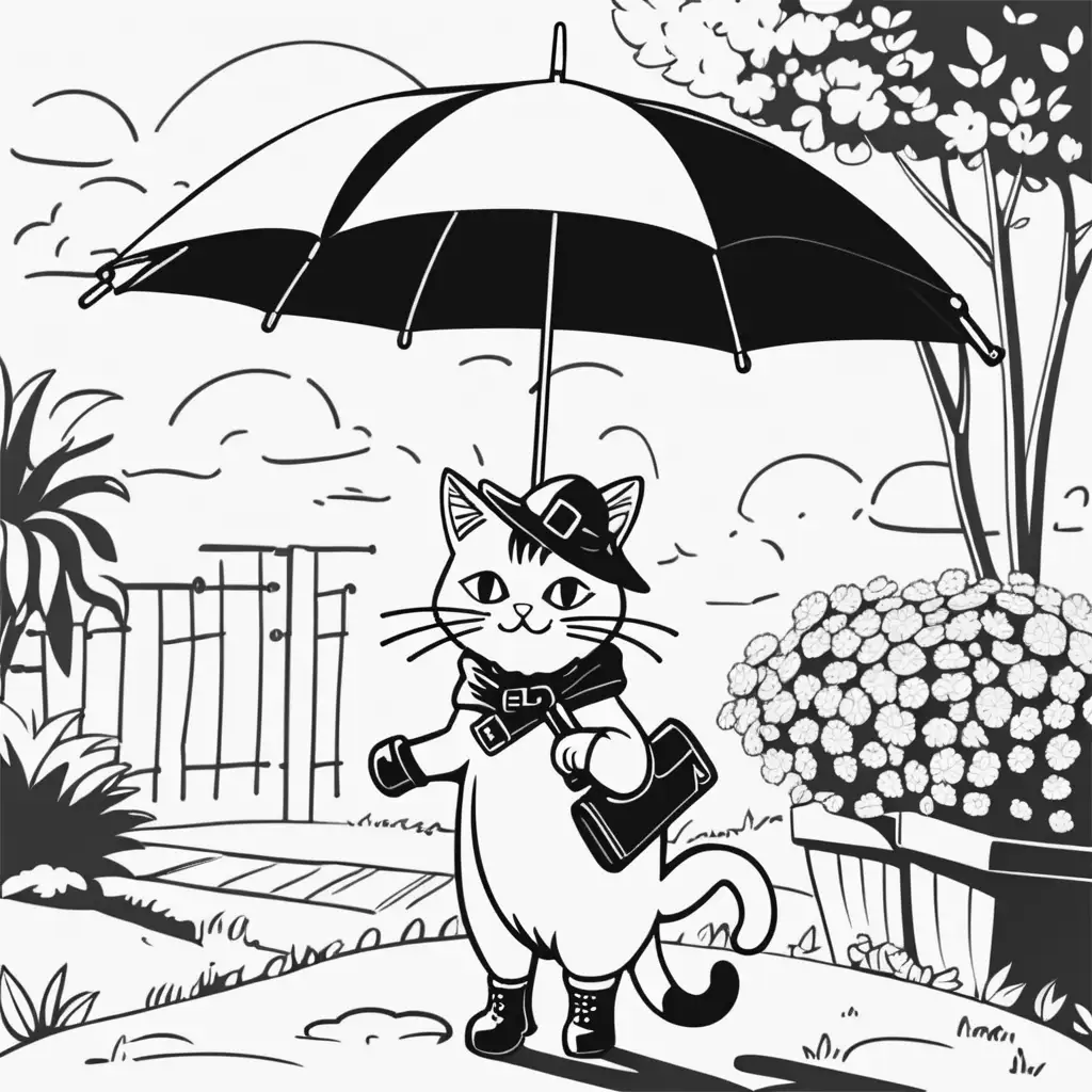 line art black and white cat with umbrella and boots strolling in the sunshine
