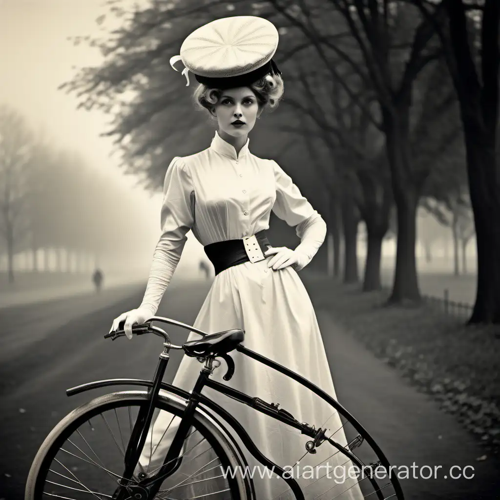 Vintage-Portrait-of-Elegant-Woman-with-Bicycle-Wheel-Hat-in-English-Park