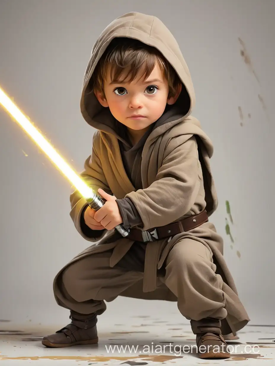 A 5-year-old boy in a hooded Jedi suit with a lightsaber, full-length, light background paint strokes texture