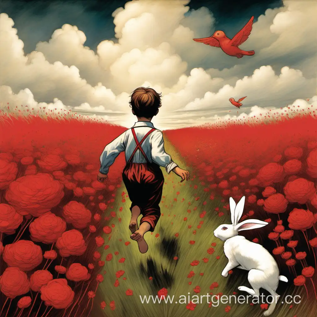 Мальчик бежит по полю с красными цветами на набе облака мальчик держит за руку ангела по полю бегут кролики