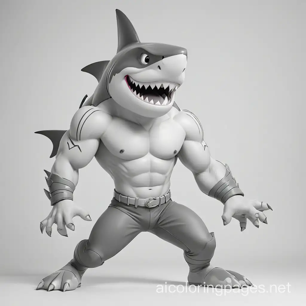 shark-man with abs poses for a camera but further away , Coloring Page, black and white, line art, white background, Simplicity, Ample White Space. The background of the coloring page is plain white to make it easy for young children to color within the lines. The outlines of all the subjects are easy to distinguish, making it simple for kids to color without too much difficulty